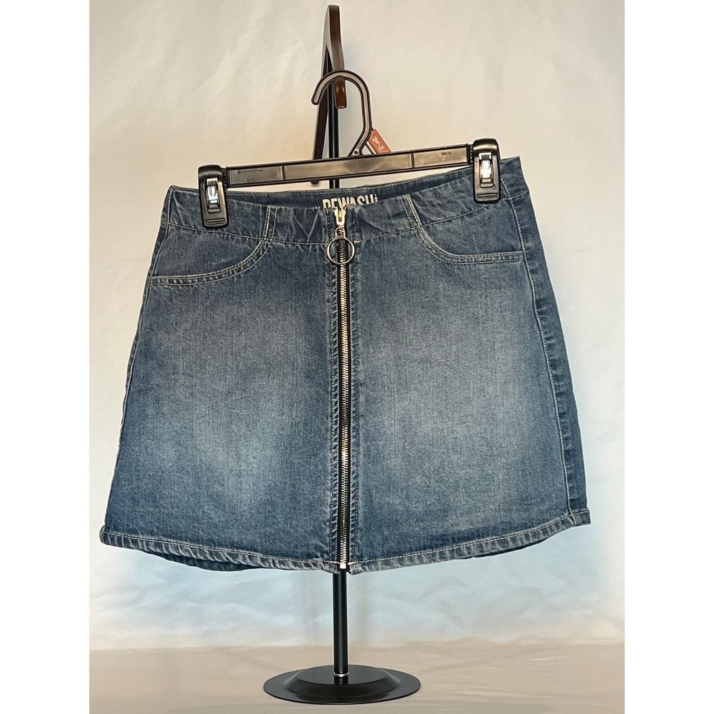 RE WASH Brand Women Blue Denim A Line Mini Skirt Front Zip Ring Size 5/27